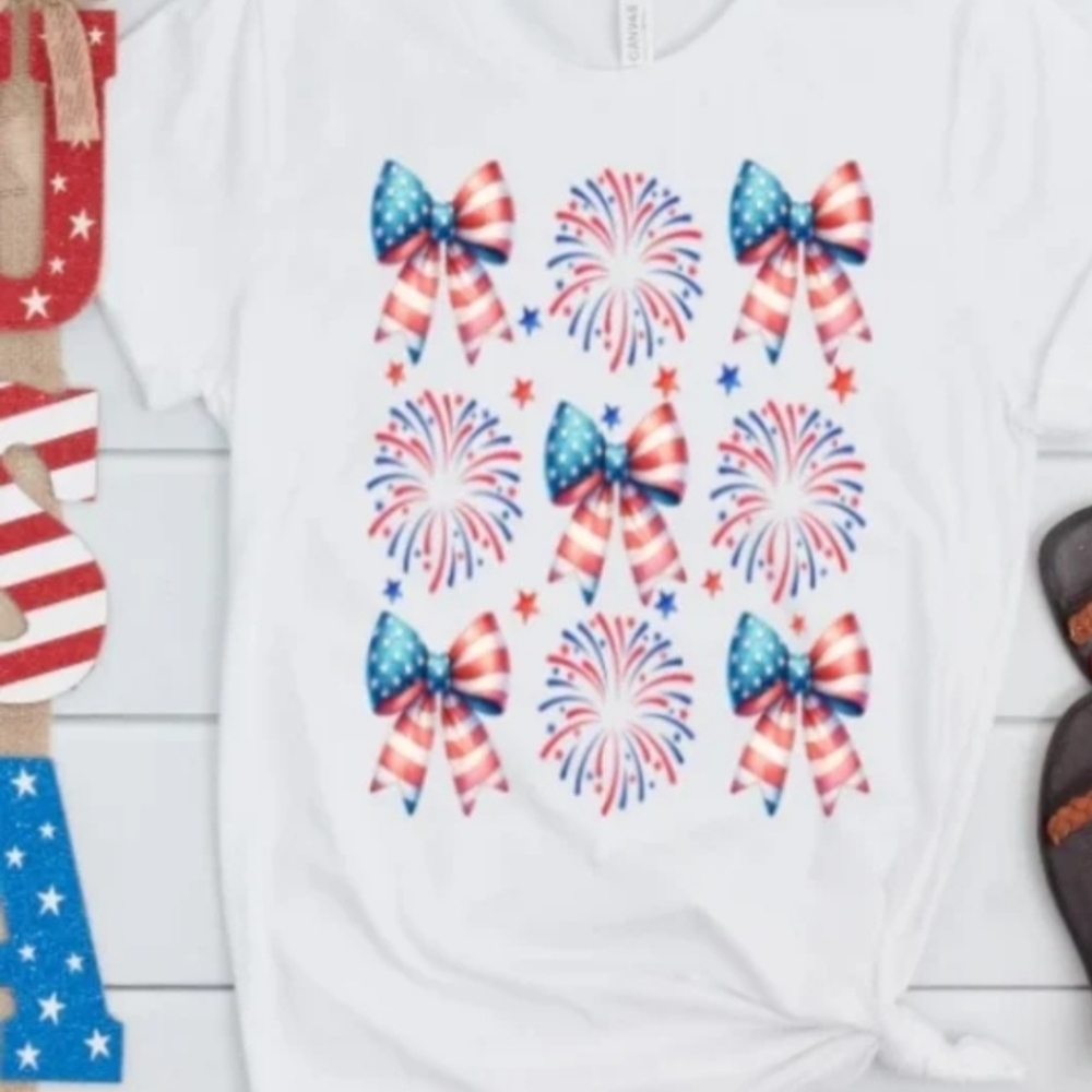 Kids White Patriotic Fireworks & Flag Bow Tee